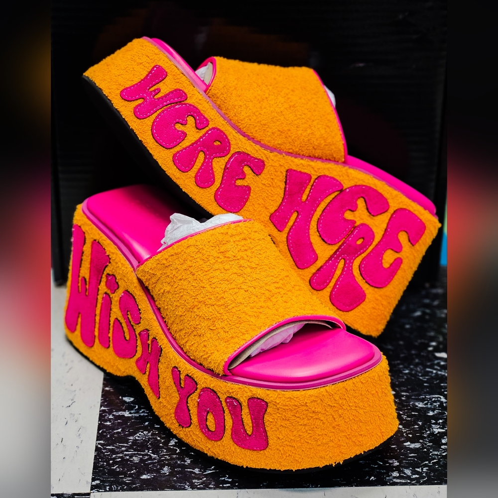 Dolls Kill Orange & Hot Pink Platform Slide Wedge 'Wish You Were Here'
